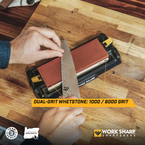 Work Sharp Whetstone 1000-grit side speeds sharpening for a keen kitchen edge.