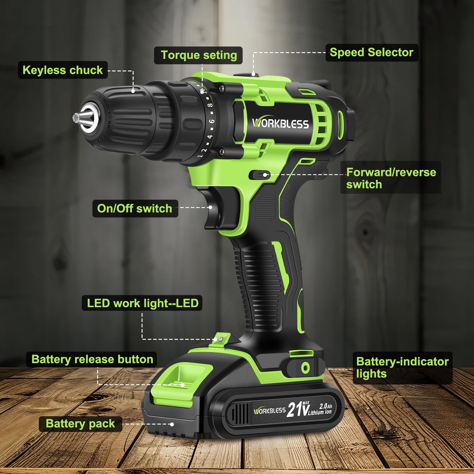 WorkBless 21V battery delivering lasting power for DIY projects