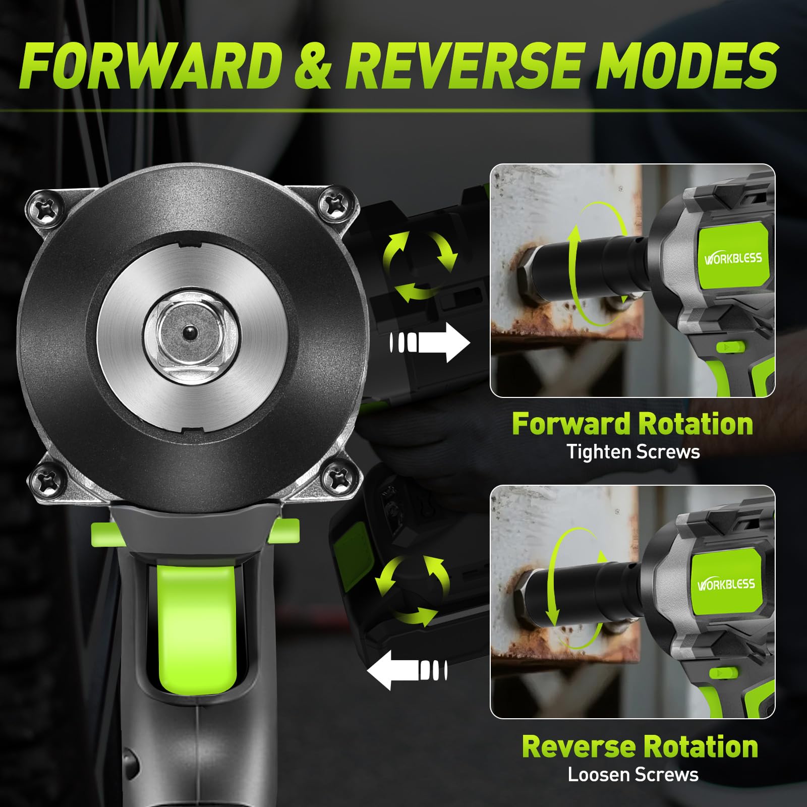 WorkBless reverse with automatic brake keeps fasteners secure