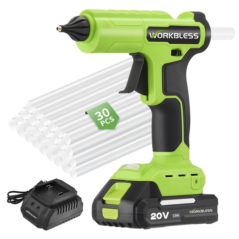 WorkBless cordless hot glue gun with full kit for flexible, on-the-go repairs.