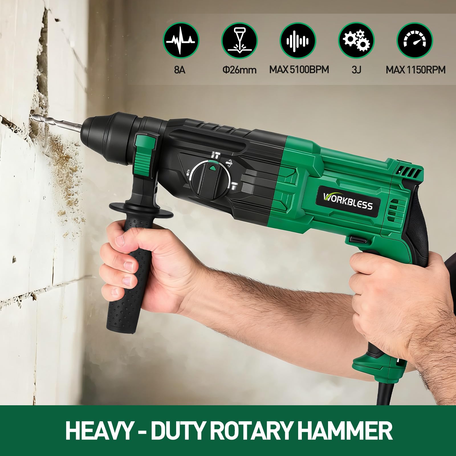 WorkBless four-function SDS hammer drill enabling versatile drilling options for concrete surfaces.