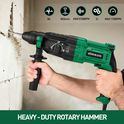 WorkBless four-function SDS hammer drill enabling versatile drilling options for concrete surfaces.