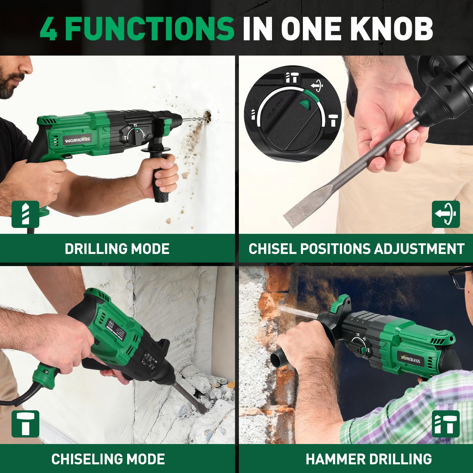 WorkBless reverse stop safety clutch helps prevent kickback during bit binding.