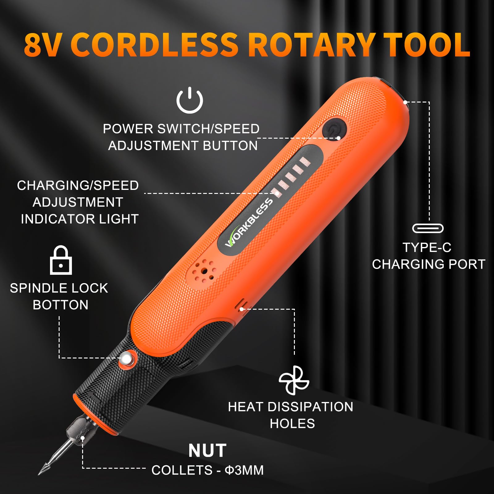 WorkBless rotary tool showing five-speed control for different materials