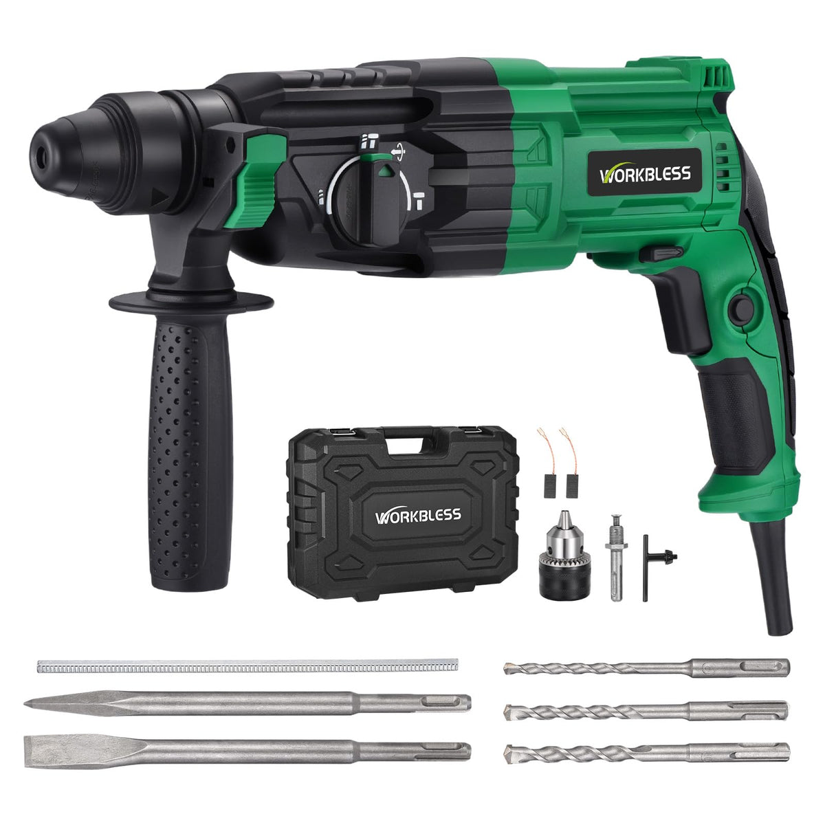 WorkBless SDS-Plus hammer drill with 8 Amp motor for durable concrete drilling.