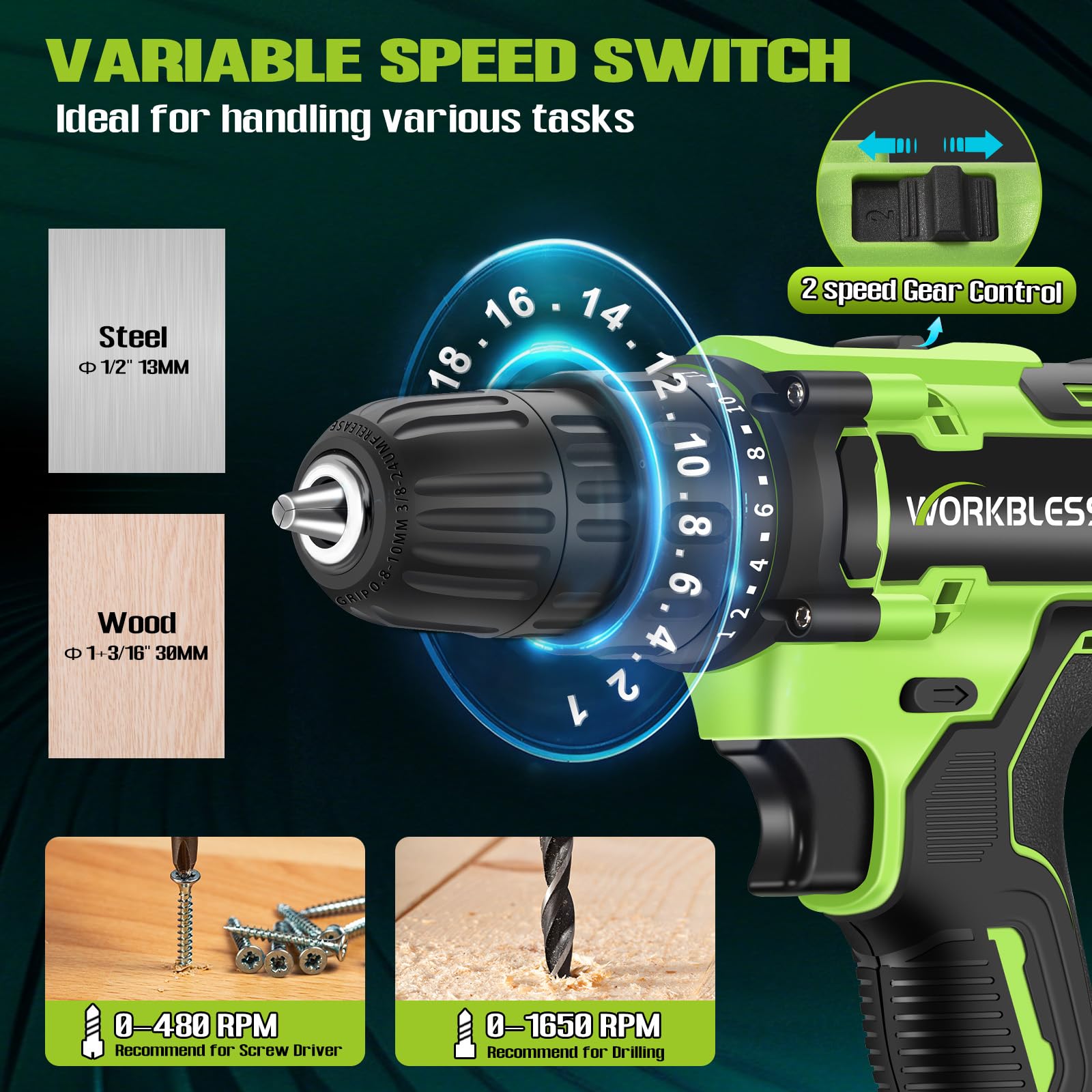 WorkBless two-speed control for drilling and driving tasks