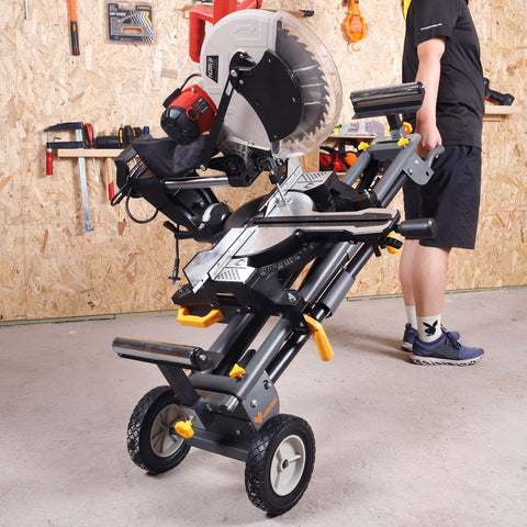 WORKESS Deluxe miter saw stand supports up to 330 lbs for heavy cuts