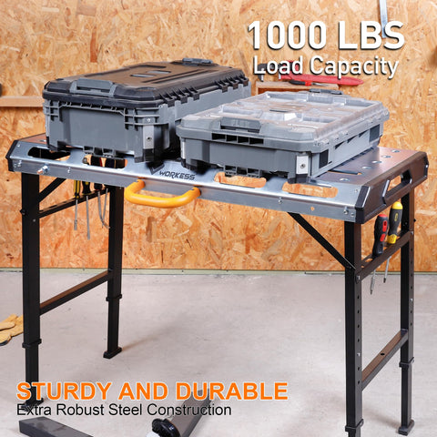 WORKESS folding welding table shows compact transport ready to move.