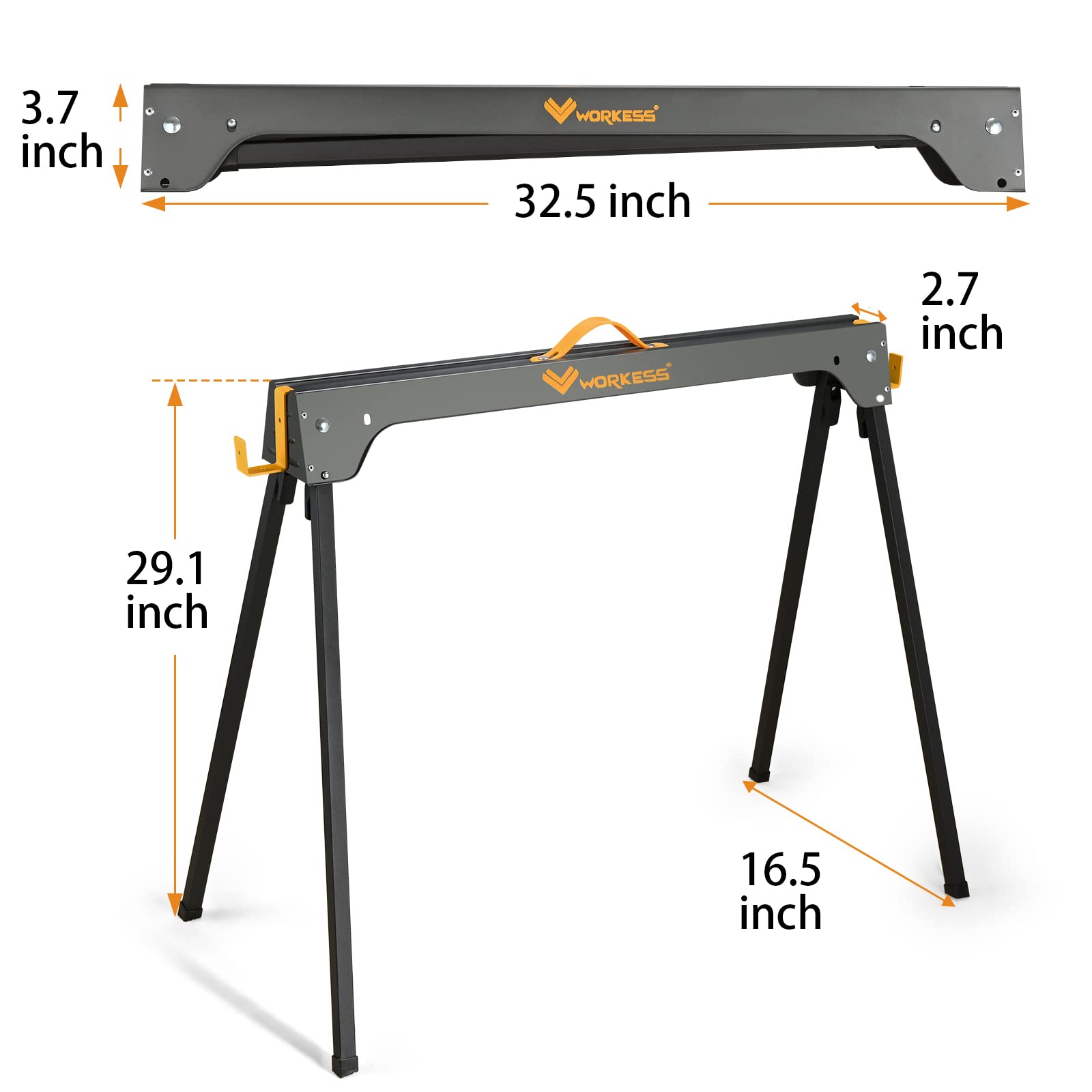 WORKESS saw horses 2-pack stores compactly beside tools.