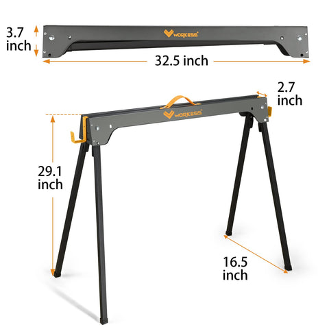 WORKESS saw horses 2-pack stores compactly beside tools.