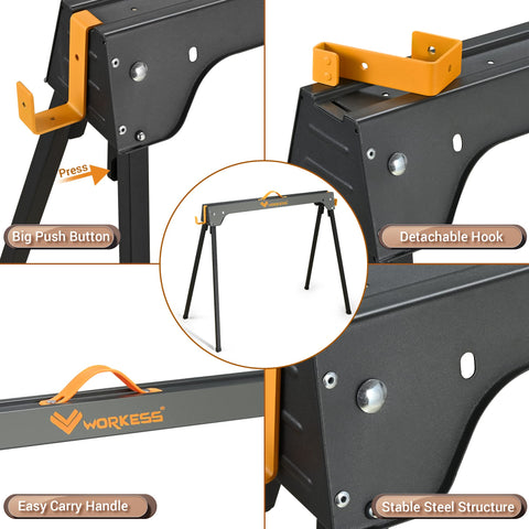 WORKESS saw horses fully extended provide a stable working surface.