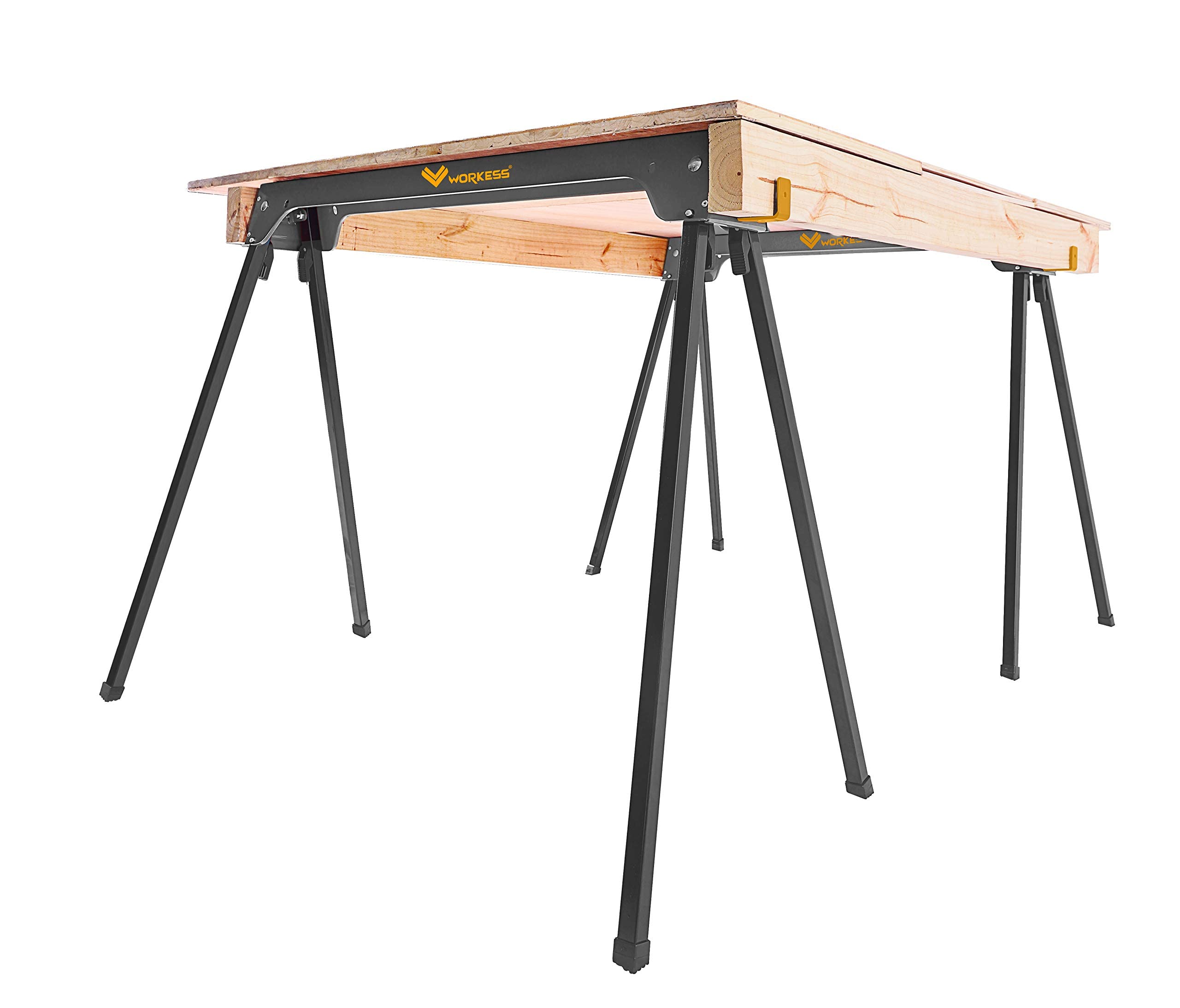 WORKESS setup beside a workshop bench offers versatile sawhorse use.