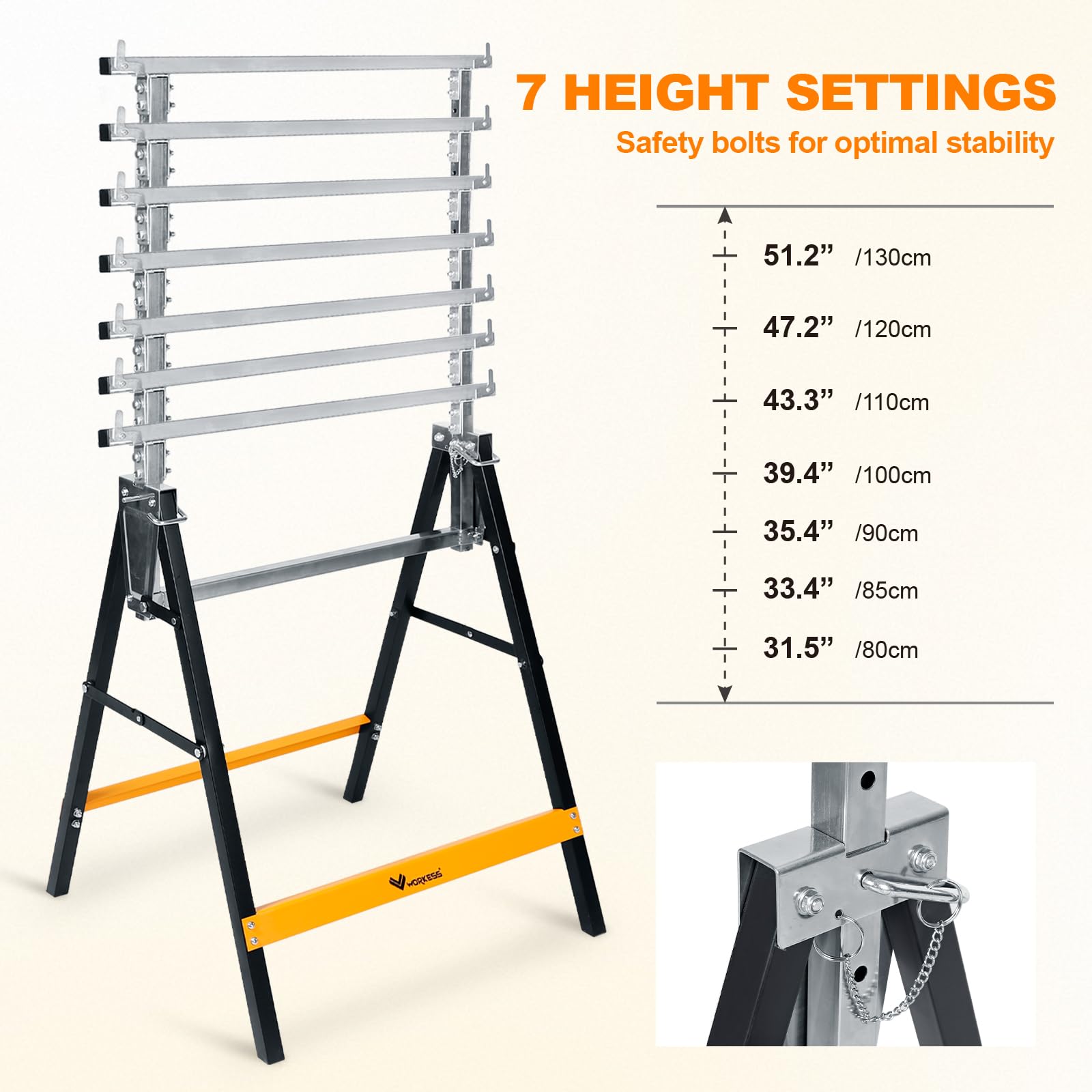 WORKESS saw horses with 25 mm steel tubes provide robust support for heavy work.