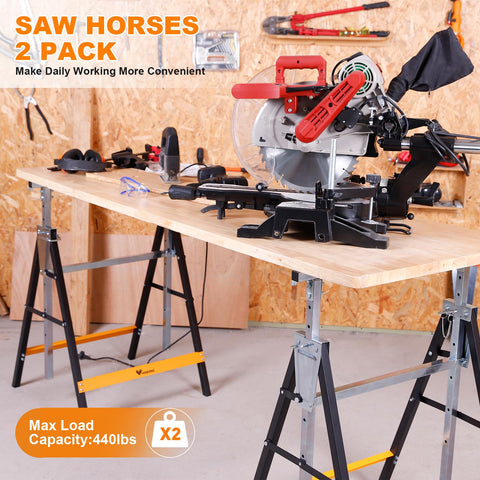WORKESS heavy-duty sawhorses support long workpieces securely on-site.
