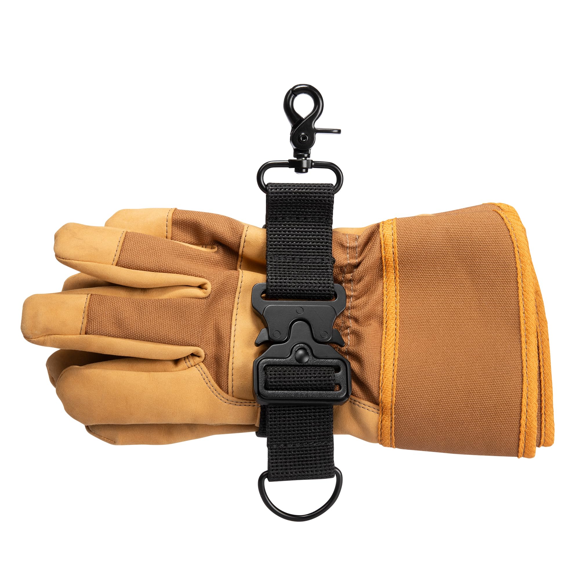 WorkingFire glove strap with metal quick-release buckle on gear for rapid access.