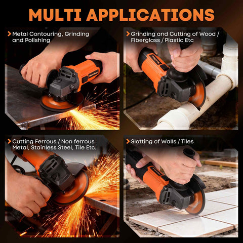 WorkNeon 850W angle grinder 5-piece wheel kit speeds setup and versatility.