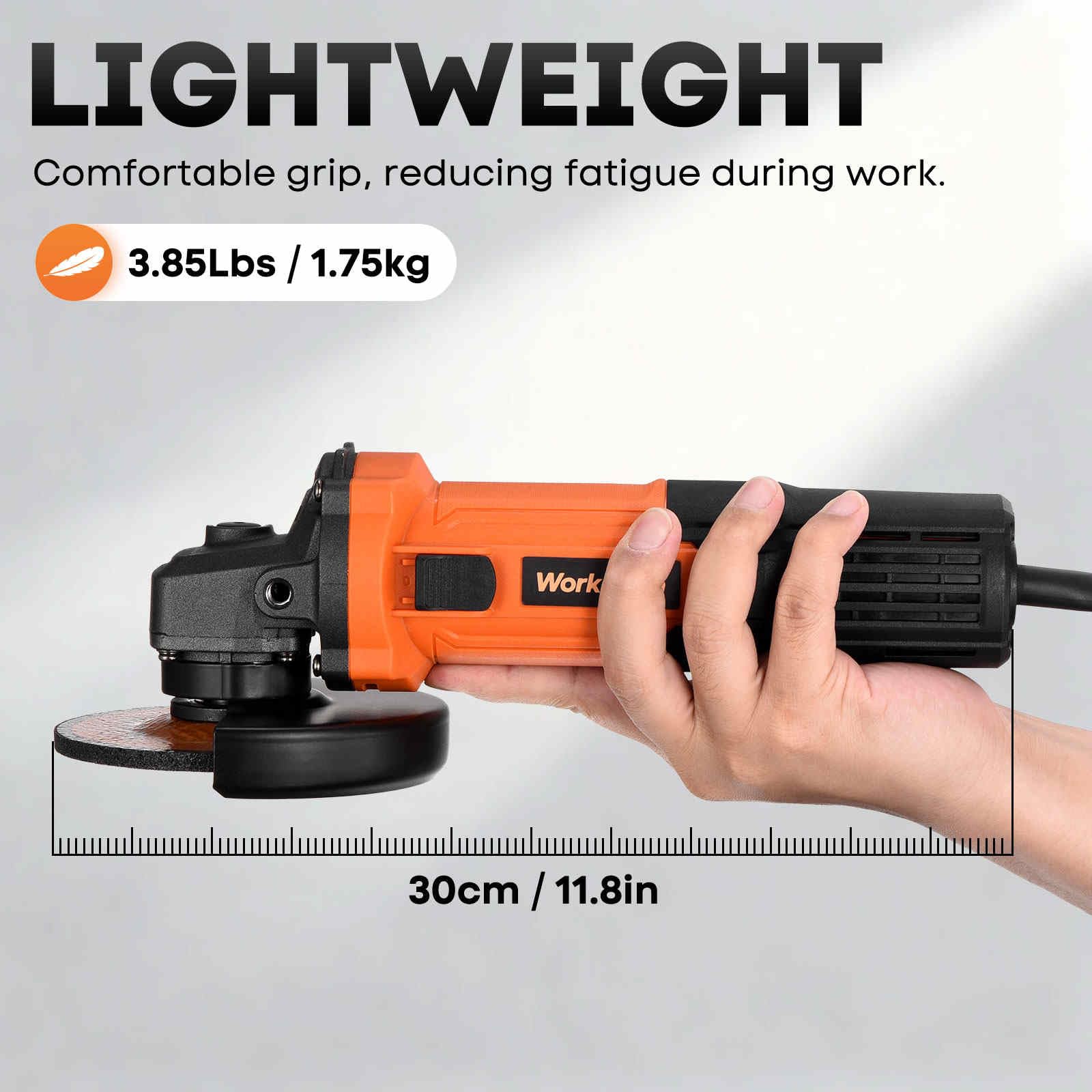 WorkNeon 850W angle grinder ergonomic grip improves control and comfort.