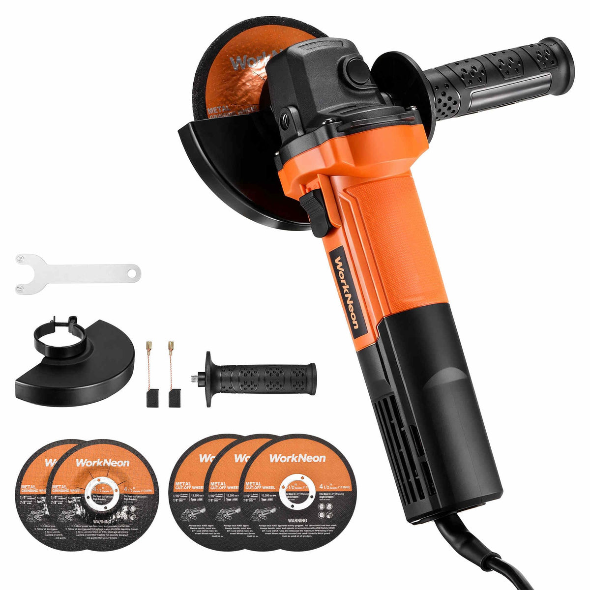 WorkNeon 850W angle grinder full kit ready for metal cutting and grinding projects.