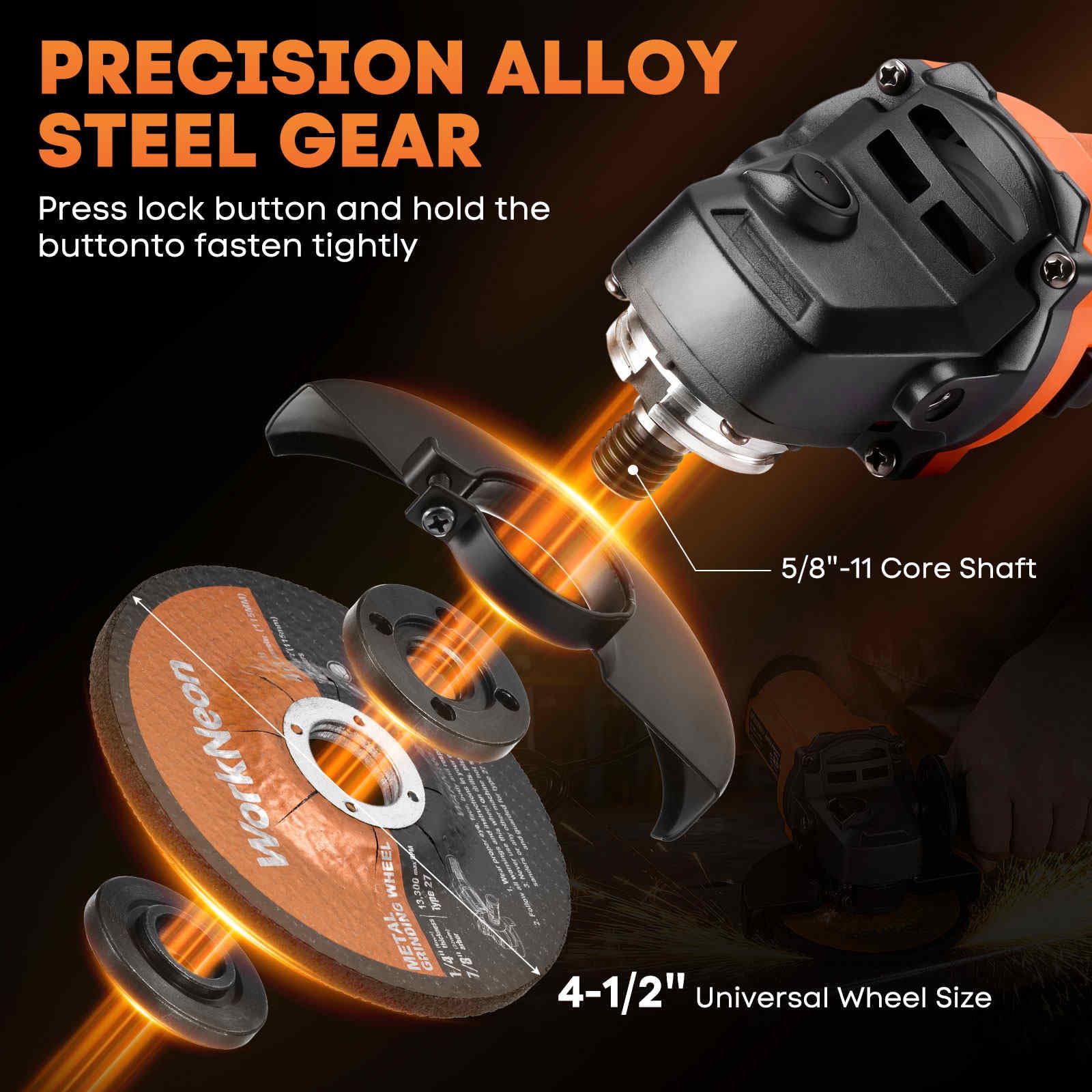 WorkNeon 850W angle grinder motor delivers consistent performance during long sessions.