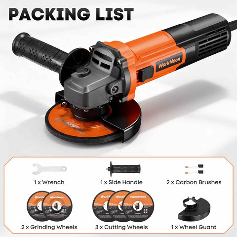WorkNeon 850W angle grinder aids rust removal and polishing tasks.