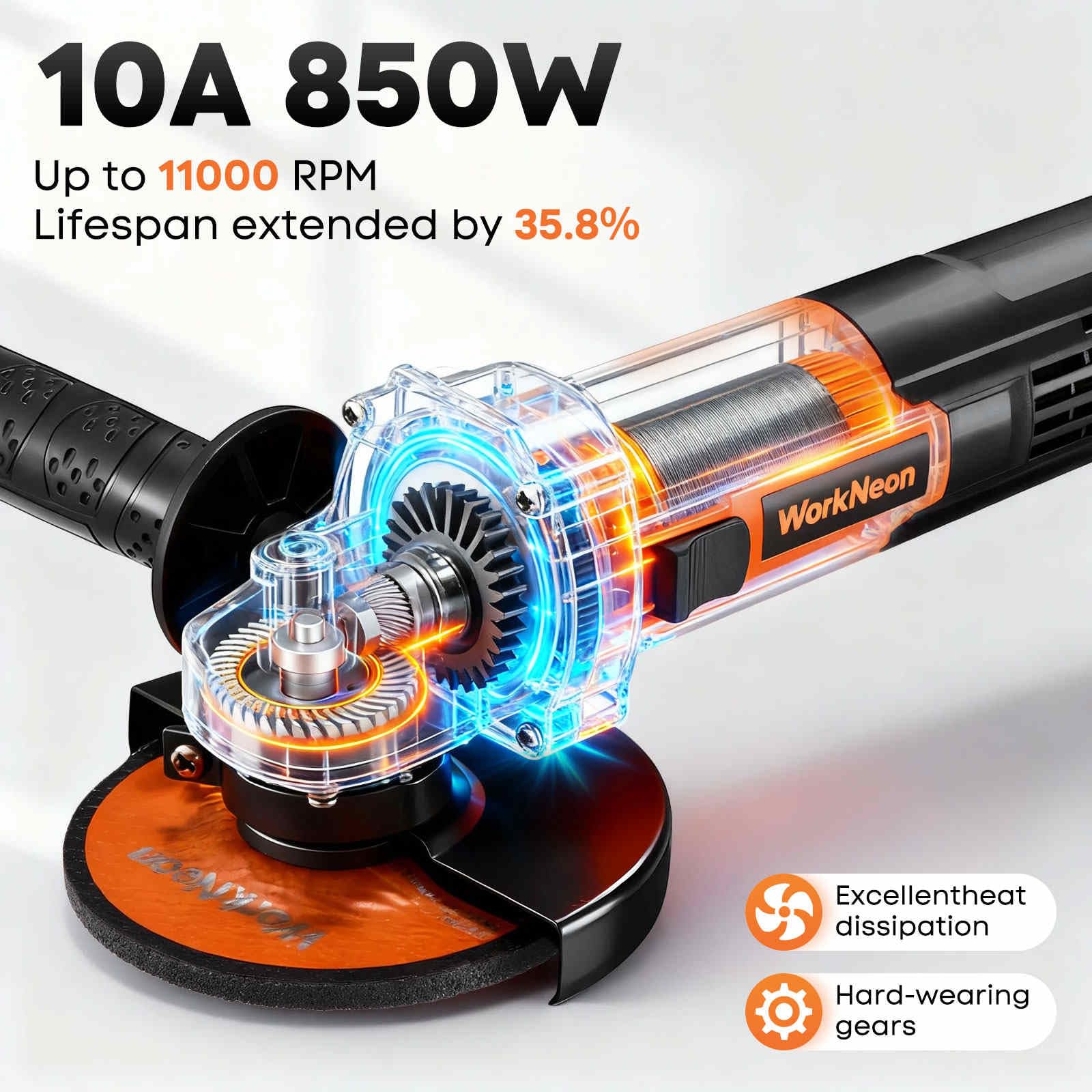 WorkNeon 850W angle grinder secure slide switch enhances safe operation.