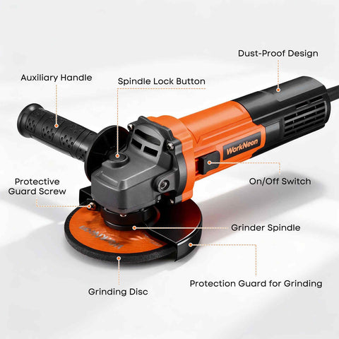 WorkNeon 850W angle grinder side handle and guard support safe operation.