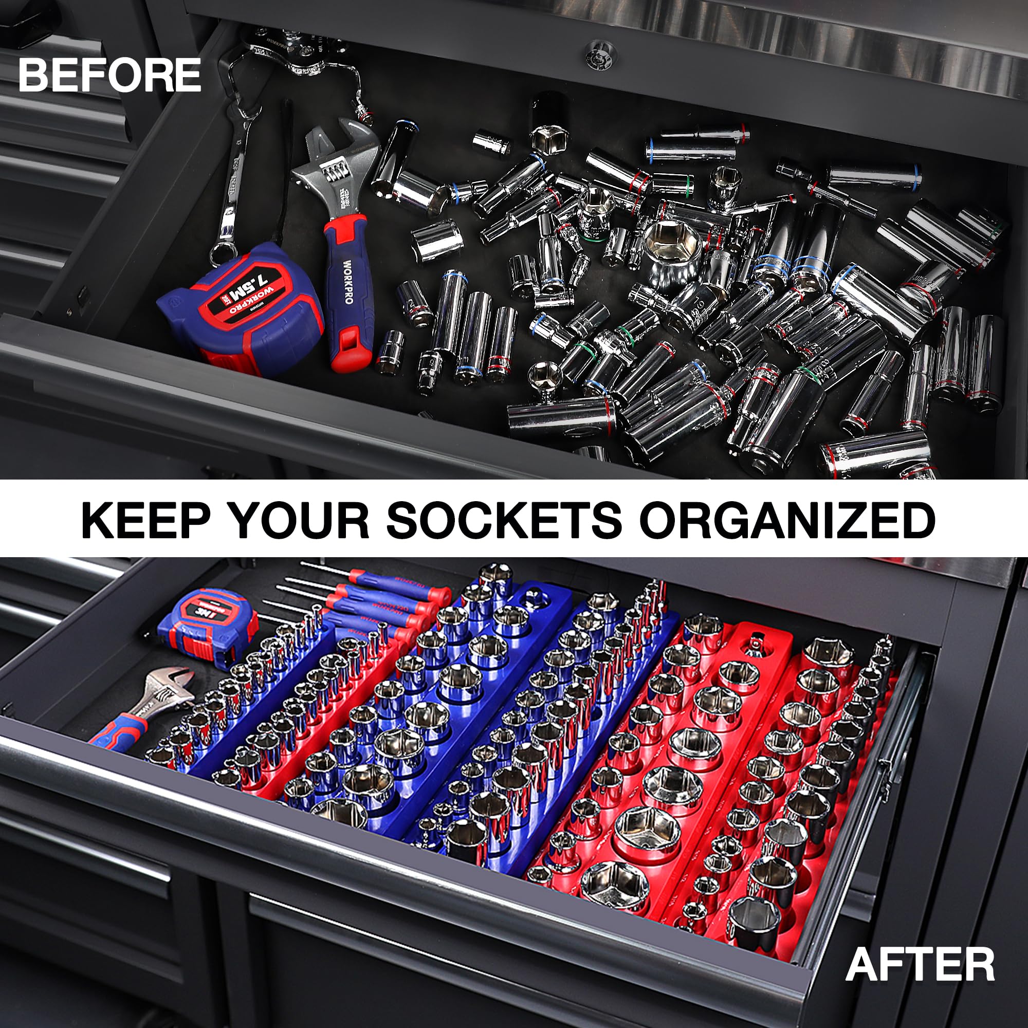 WORKPRO 1/2-inch drive tray stores standard sockets neatly.