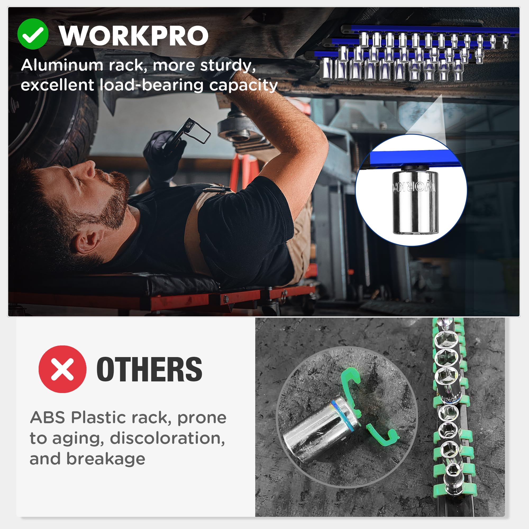 WORKPRO 1/4-inch socket clips securely grip sockets for quick access.