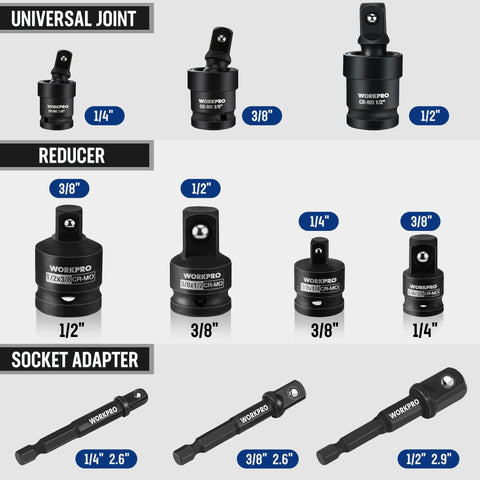 WORKPRO reducer 1/4 to 3/8 steel connector enhances reach in confined spaces.
