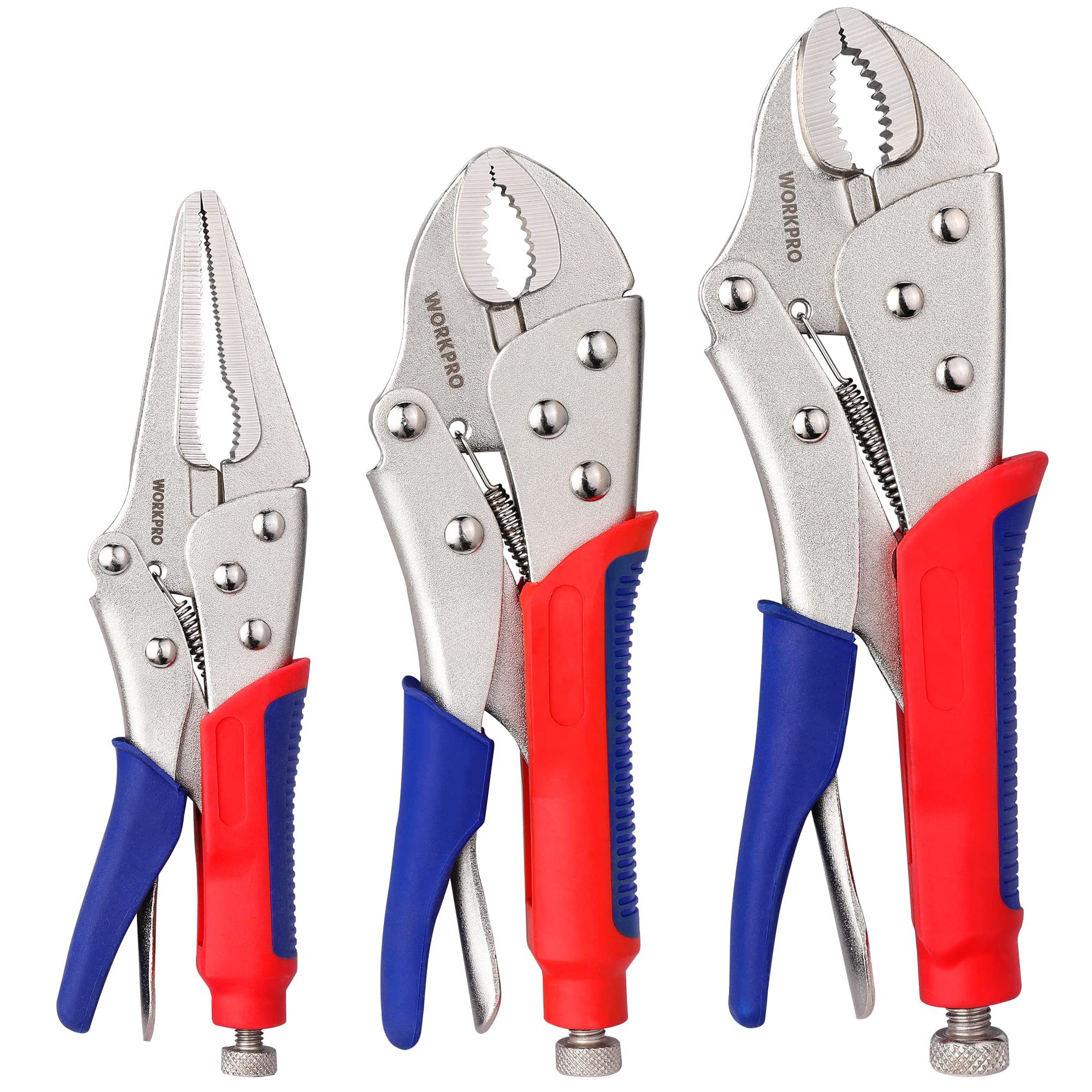 WORKPRO 10-inch curved jaw locking plier shown for powerful tightening on bolts.