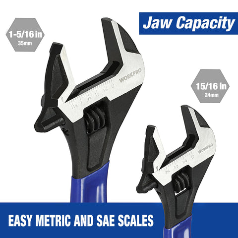 WORKPRO 10-inch adjustable wrench front view, wide jaws for larger bolts.