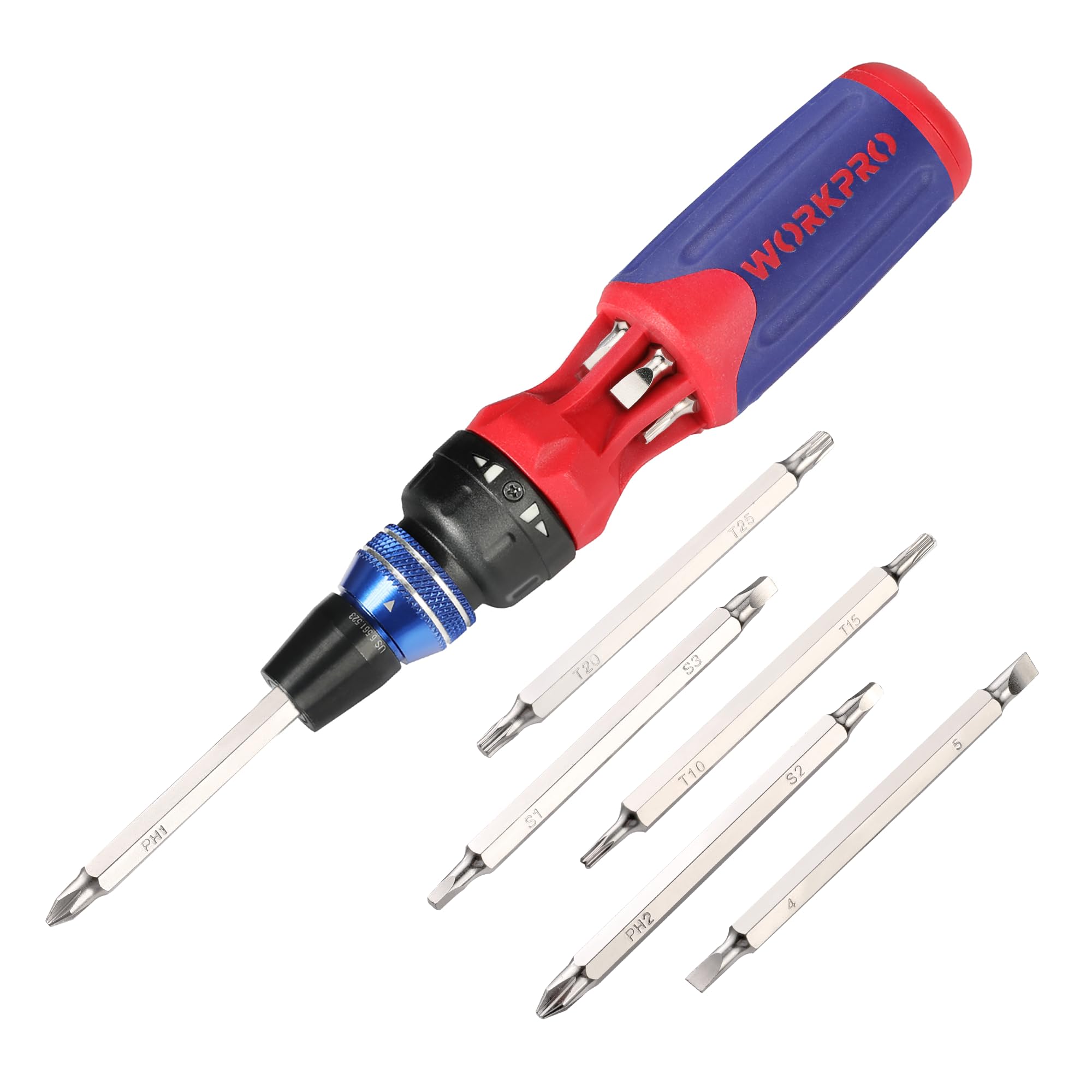 WORKPRO 12-in-1 ratcheting screwdriver with handle and bits for easy carry.