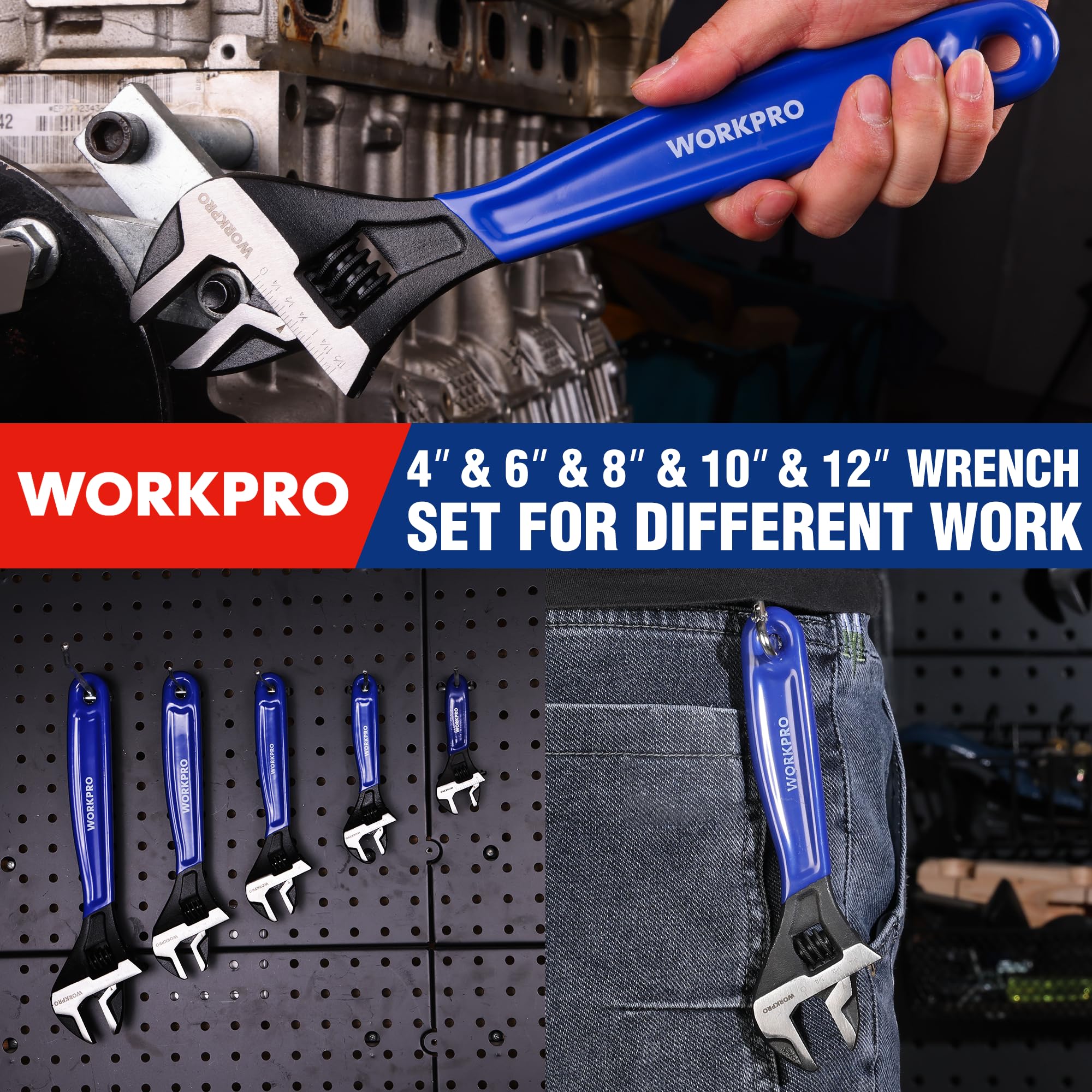 WORKPRO 12-inch adjustable wrench with wide jaw capacity for stubborn fasteners.