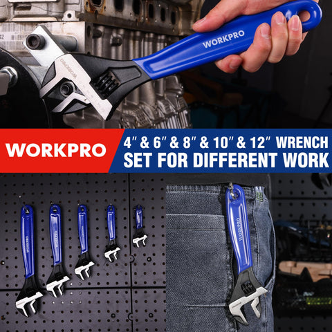 WORKPRO 12-inch adjustable wrench with wide jaw capacity for stubborn fasteners.