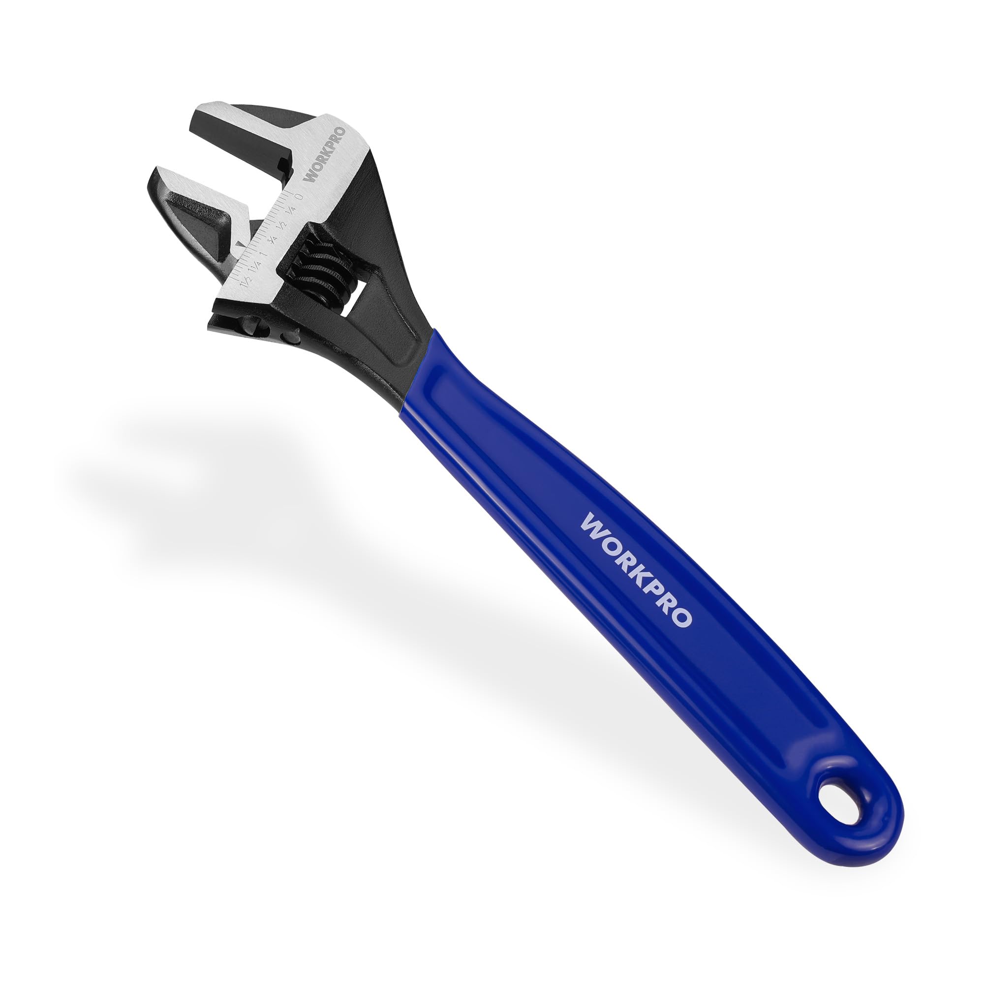 WORKPRO 12-Inch adjustable wrench with wide jaw enhances grip on large fasteners, simplifying heavy tasks.