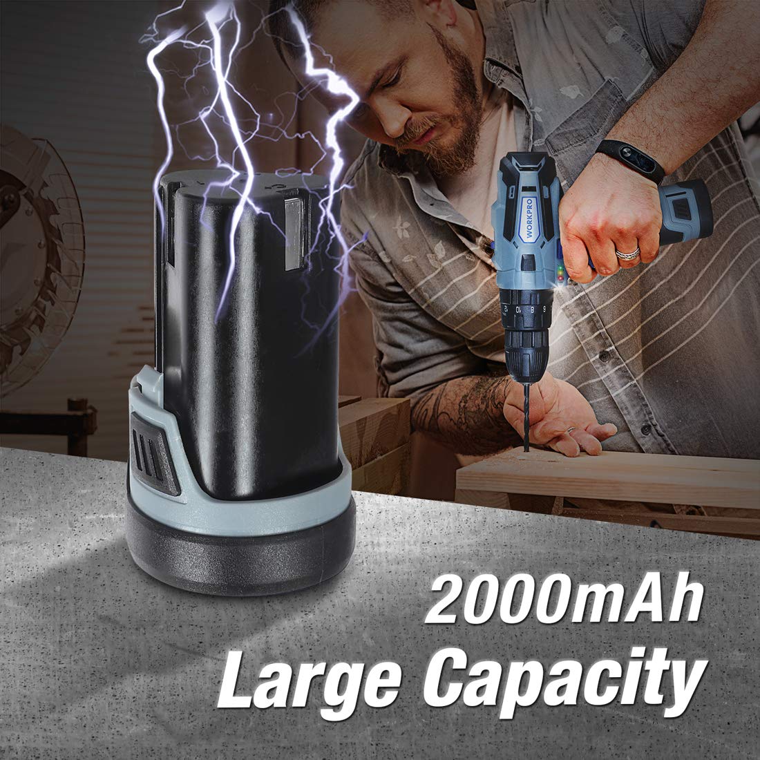 WORKPRO 12V battery pack side profile showing slim, portable design for easy swaps.