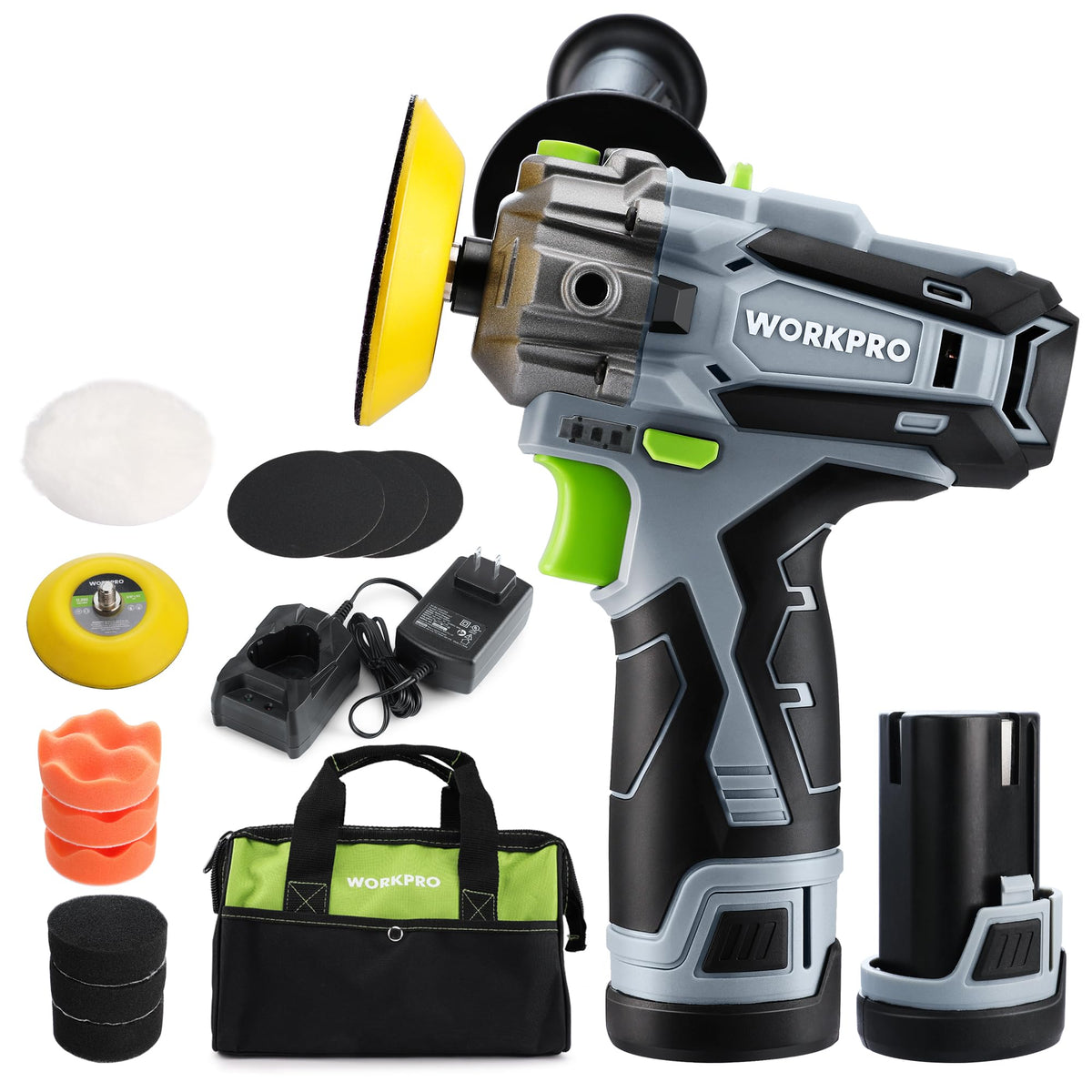 WORKPRO 12V cordless polisher ready for portable auto detailing.