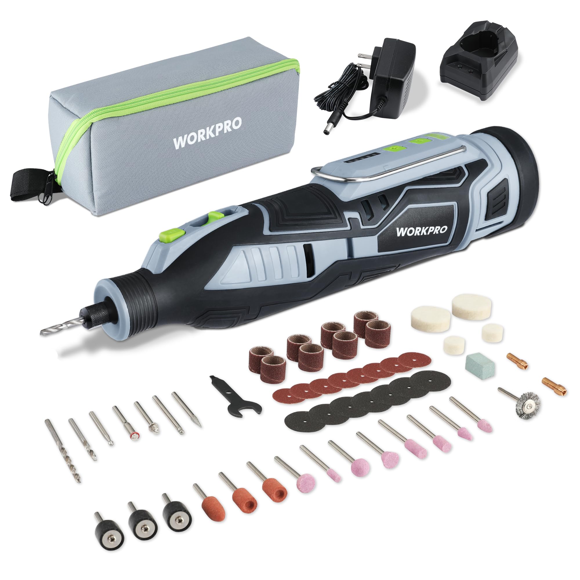 WORKPRO 12V cordless rotary tool kit front view showing compact design for easy handling.