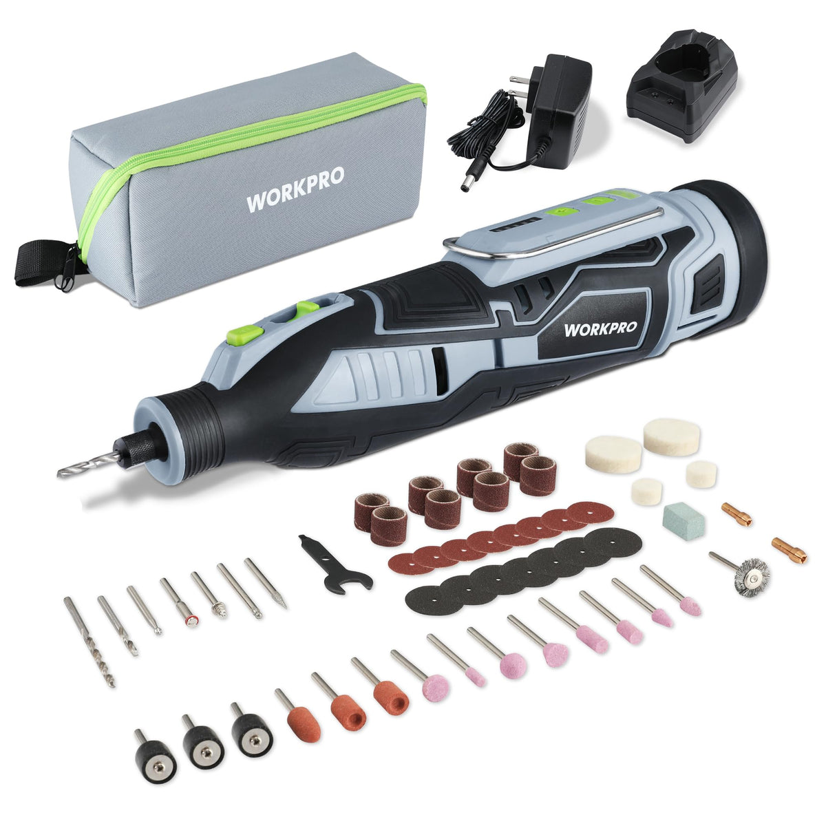 WORKPRO 12V cordless rotary tool kit front view showing compact design for easy handling.