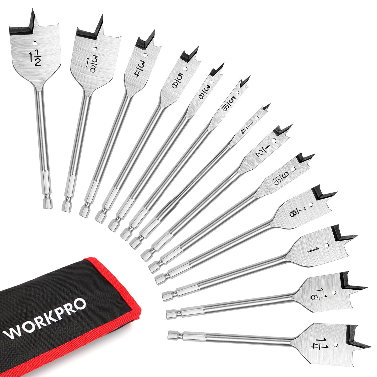 WORKPRO 13-piece spade bit set laid out for precise woodworking projects