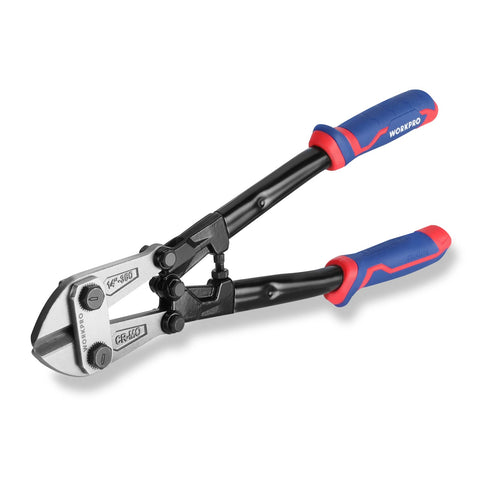 WORKPRO 14-inch bolt cutter front view highlights sturdy construction for heavy-duty tasks.