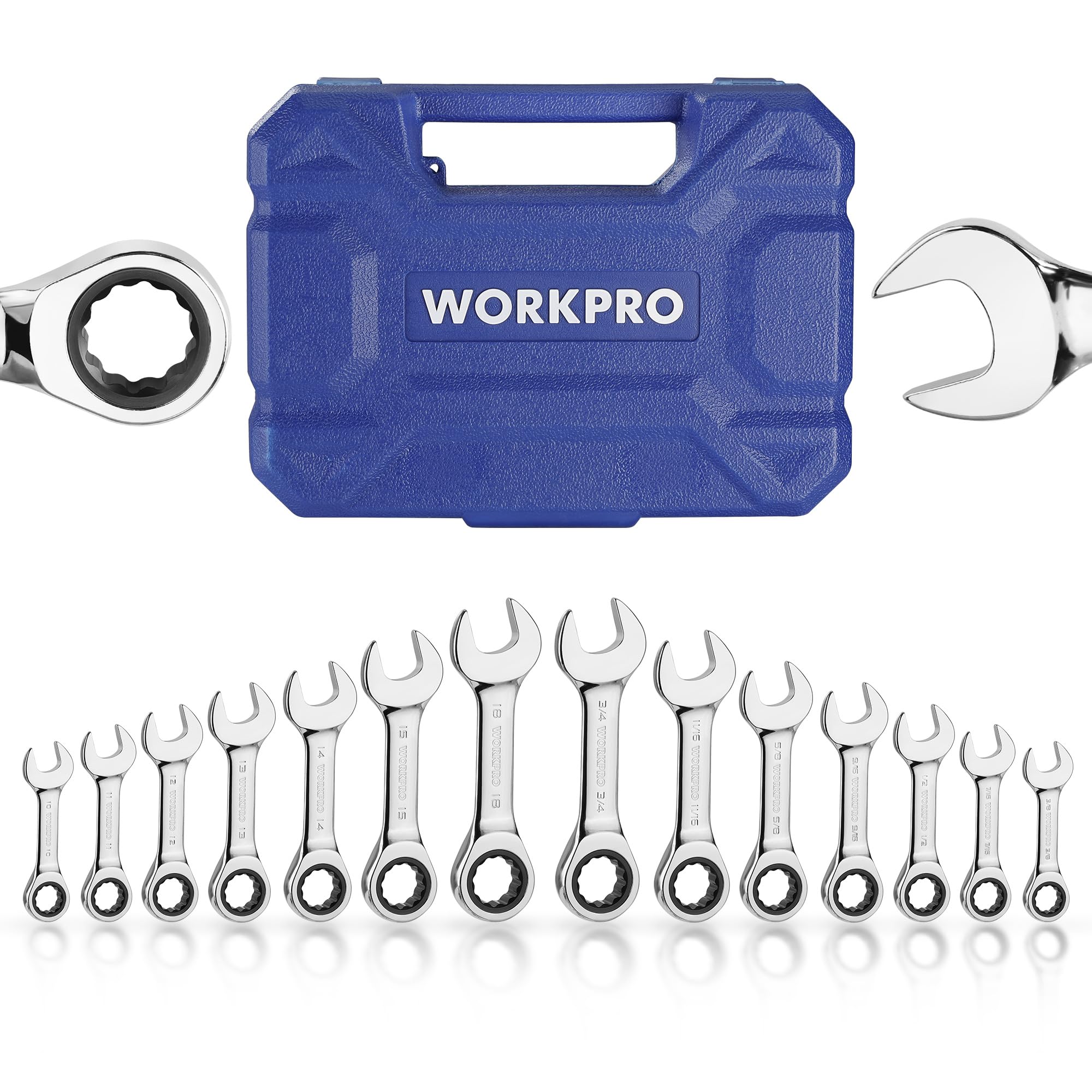 WorkPro 14-piece ratcheting stubby wrench set in a box for tight spaces