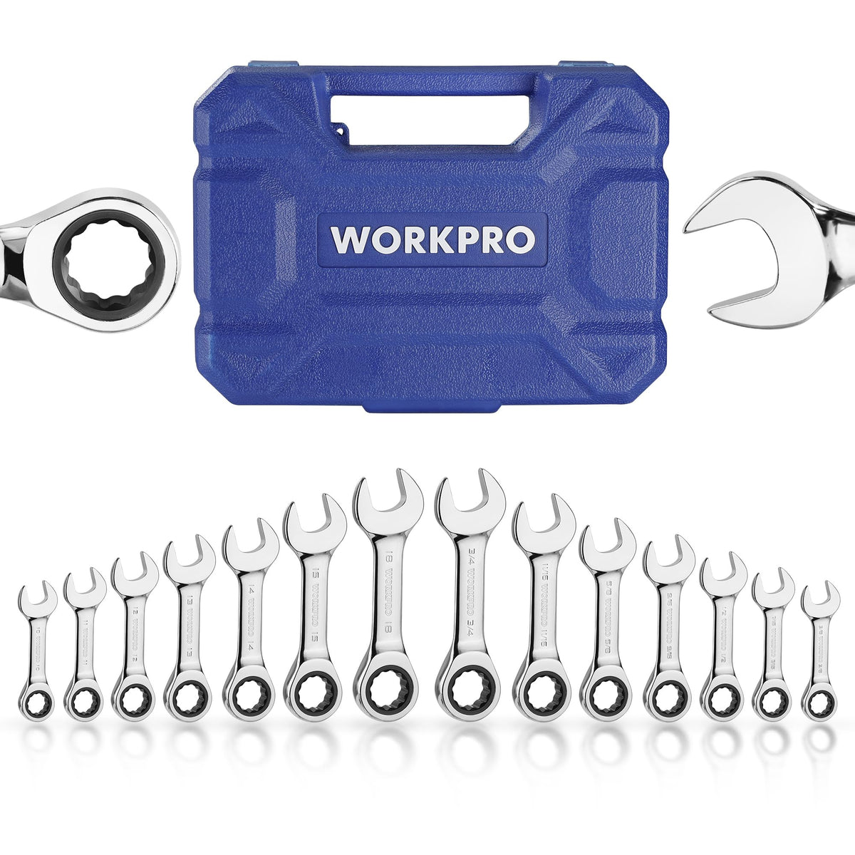 WorkPro 14-piece ratcheting stubby wrench set in a box for tight spaces