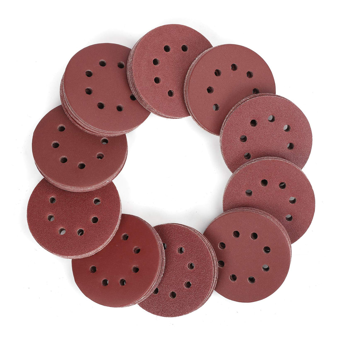WORKPRO 150-piece sanding discs set shown with 5-inch 8-hole backing for versatile finishing projects