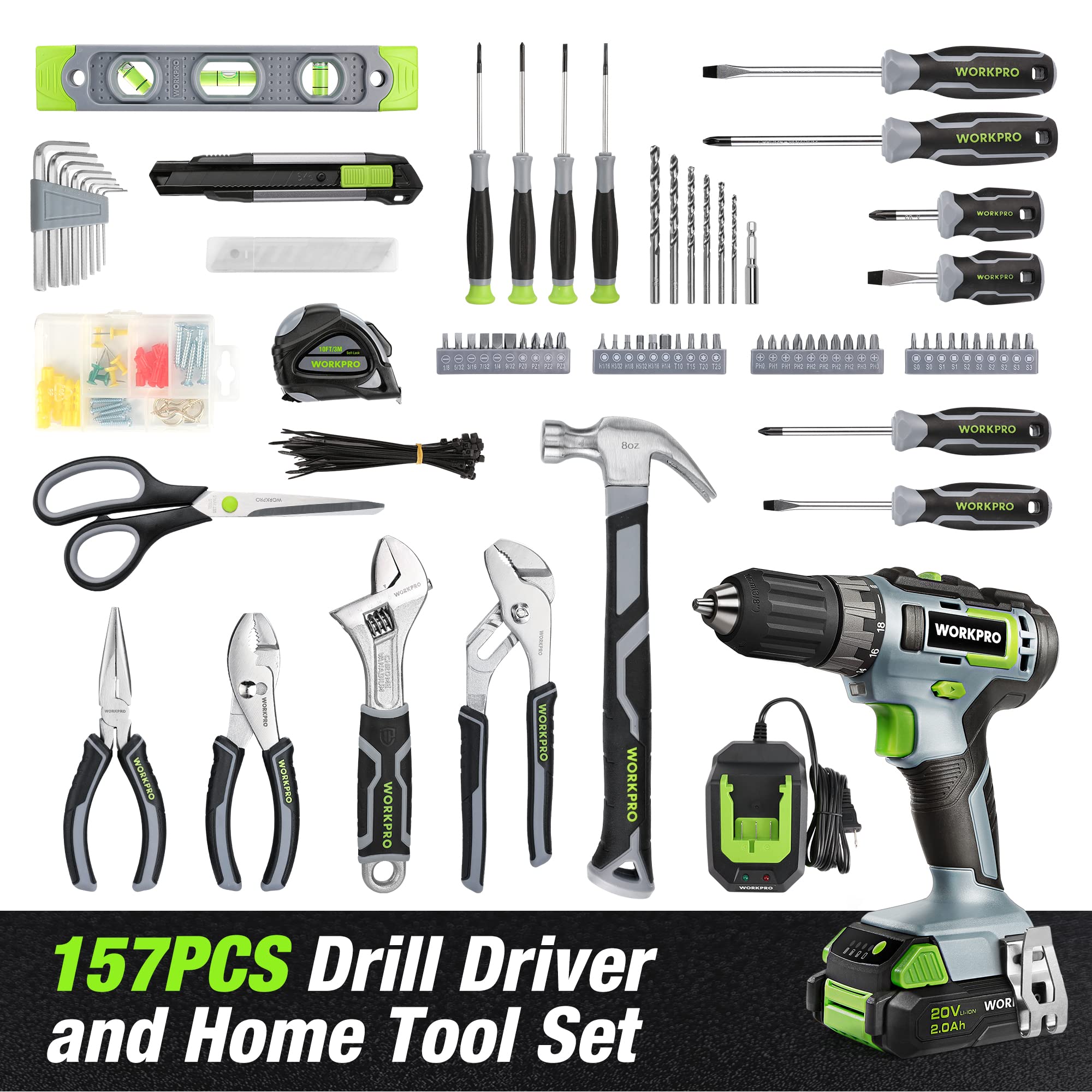 WorkPro 157-piece tool set contents neatly organized for setup.
