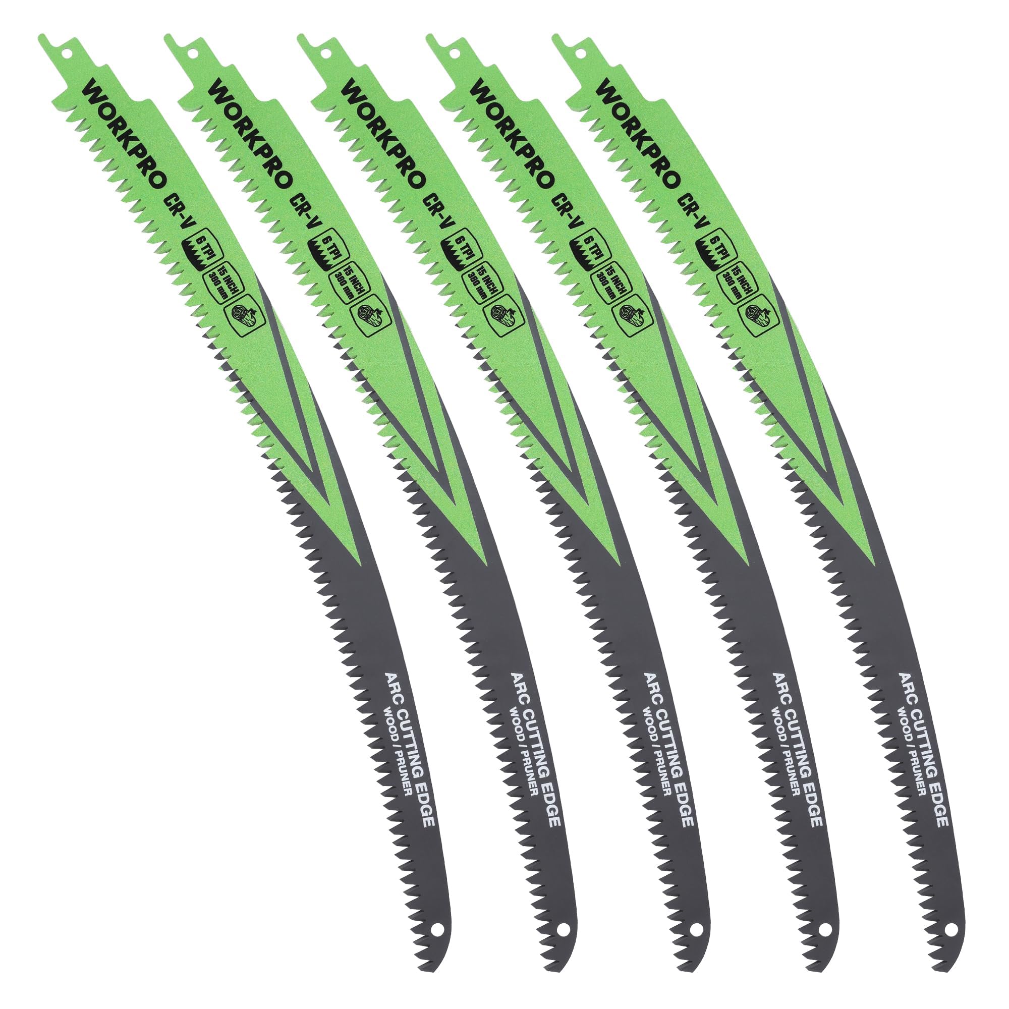 WORKPRO 15-inch Japanese teeth blades with arc edge for smooth pruning and wood cutting.