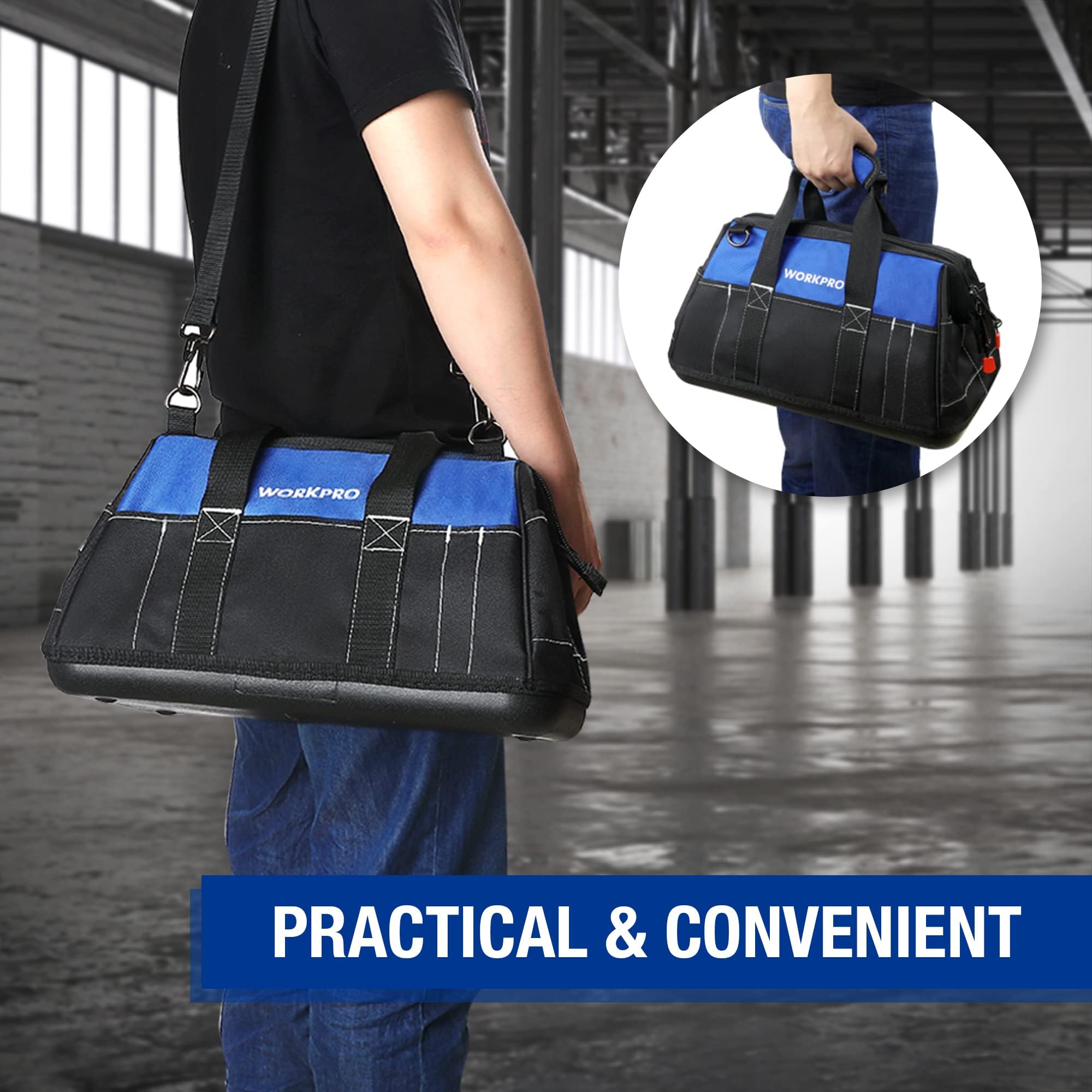 WORKPRO 16x9x10 inch bag fits a full tool kit.
