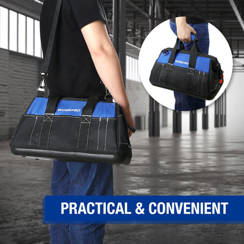 WORKPRO 16x9x10 inch bag fits a full tool kit.