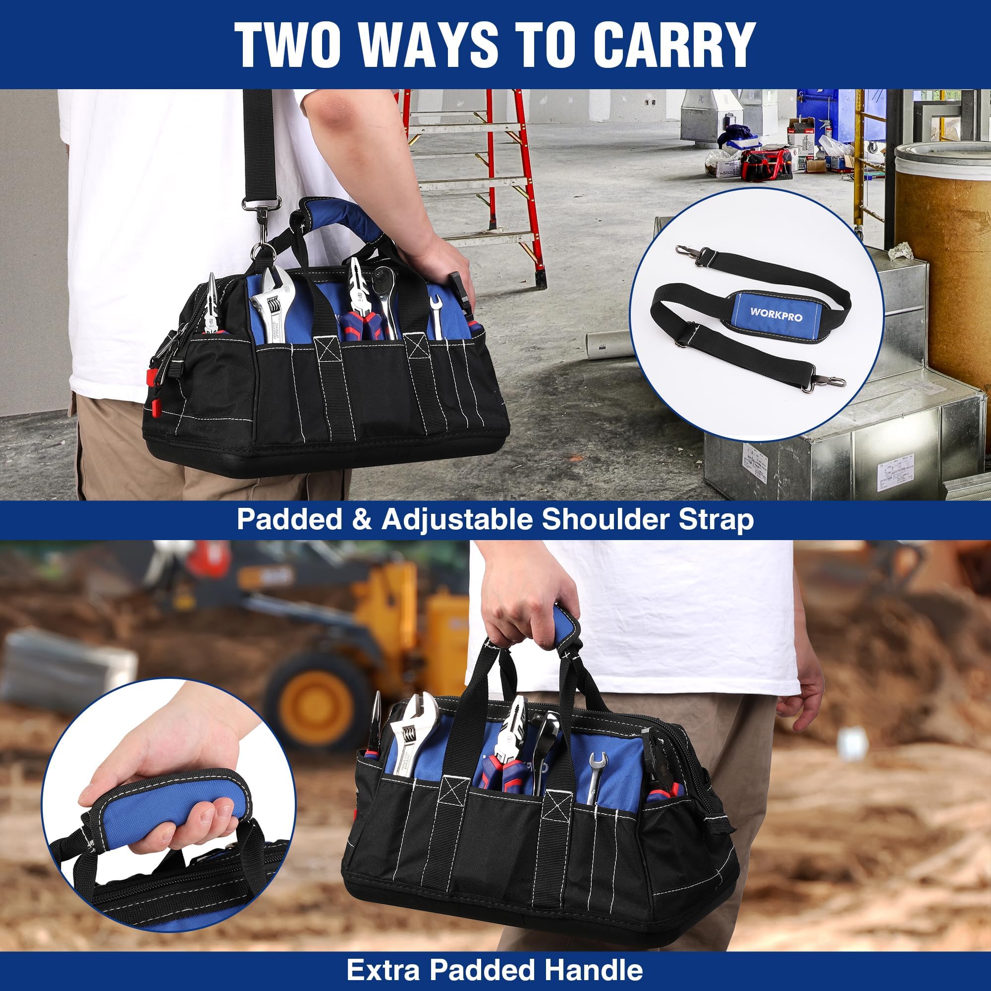 WORKPRO wide mouth with double-pull zipper enable fast access.