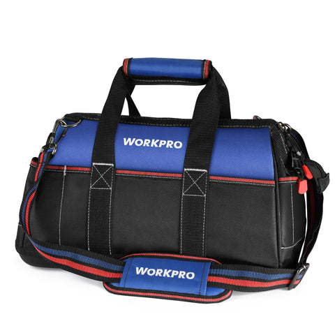 WORKPRO 16-inch wide-mouth tool bag offers quick access and organized storage.